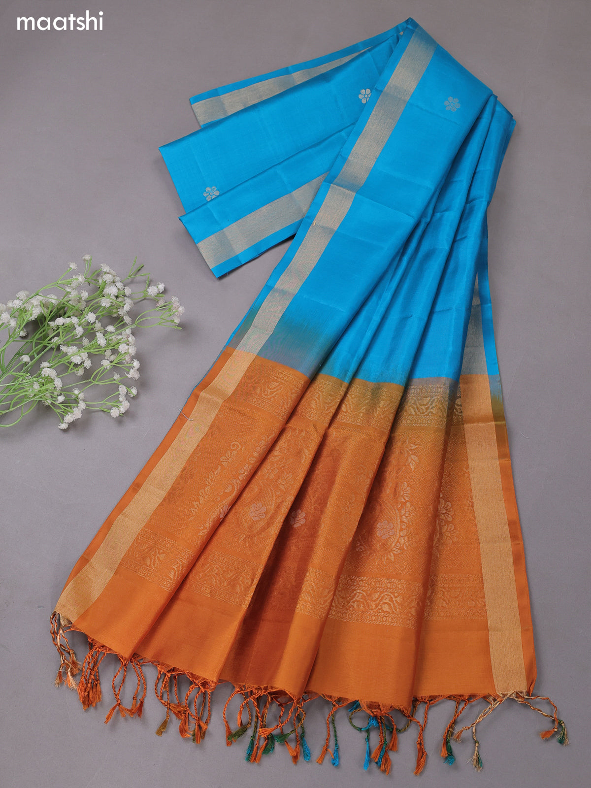 Dark Mustard and Blue Pure Silk Dress Material With Zari Buttas