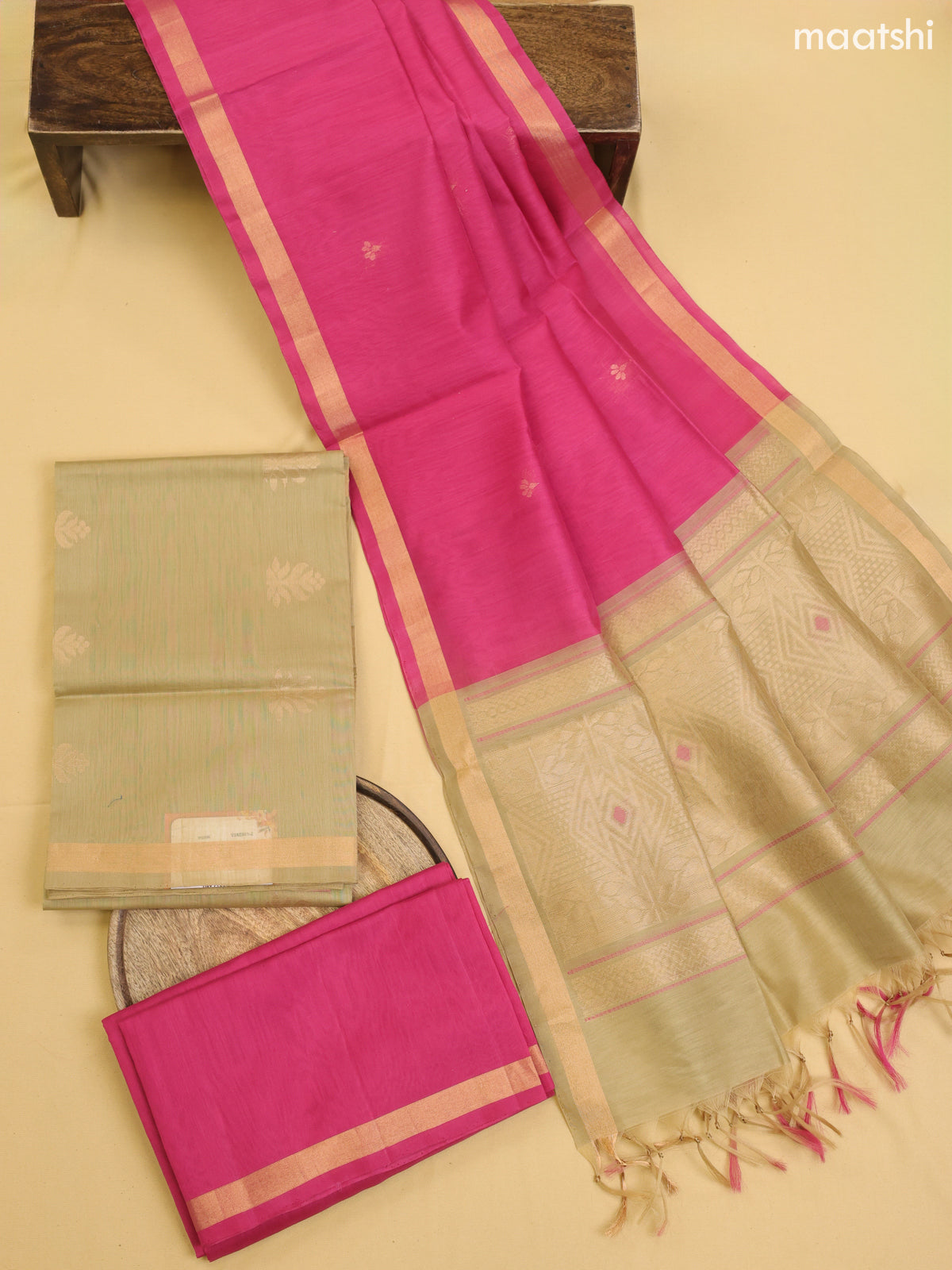 Elaichi Green and Pink Kora Silk Cotton Dress Material With Zari Buttas
