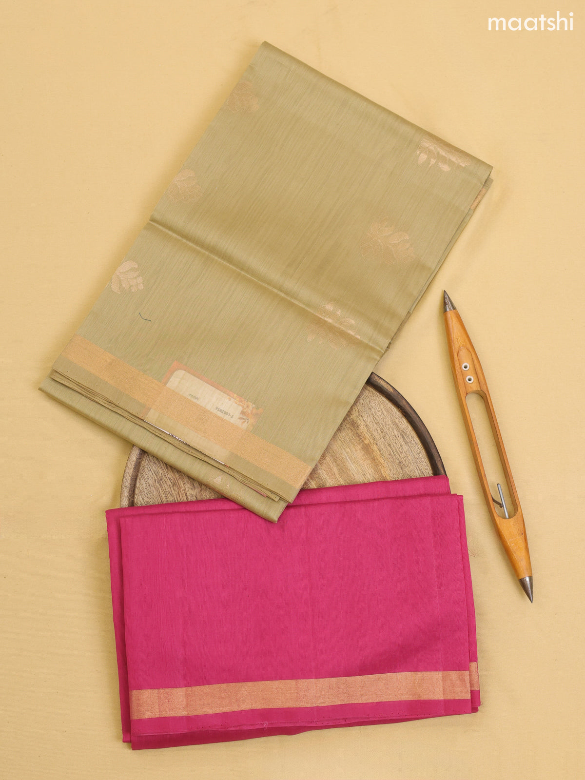 Elaichi Green and Pink Kora Silk Cotton Dress Material With Zari Buttas