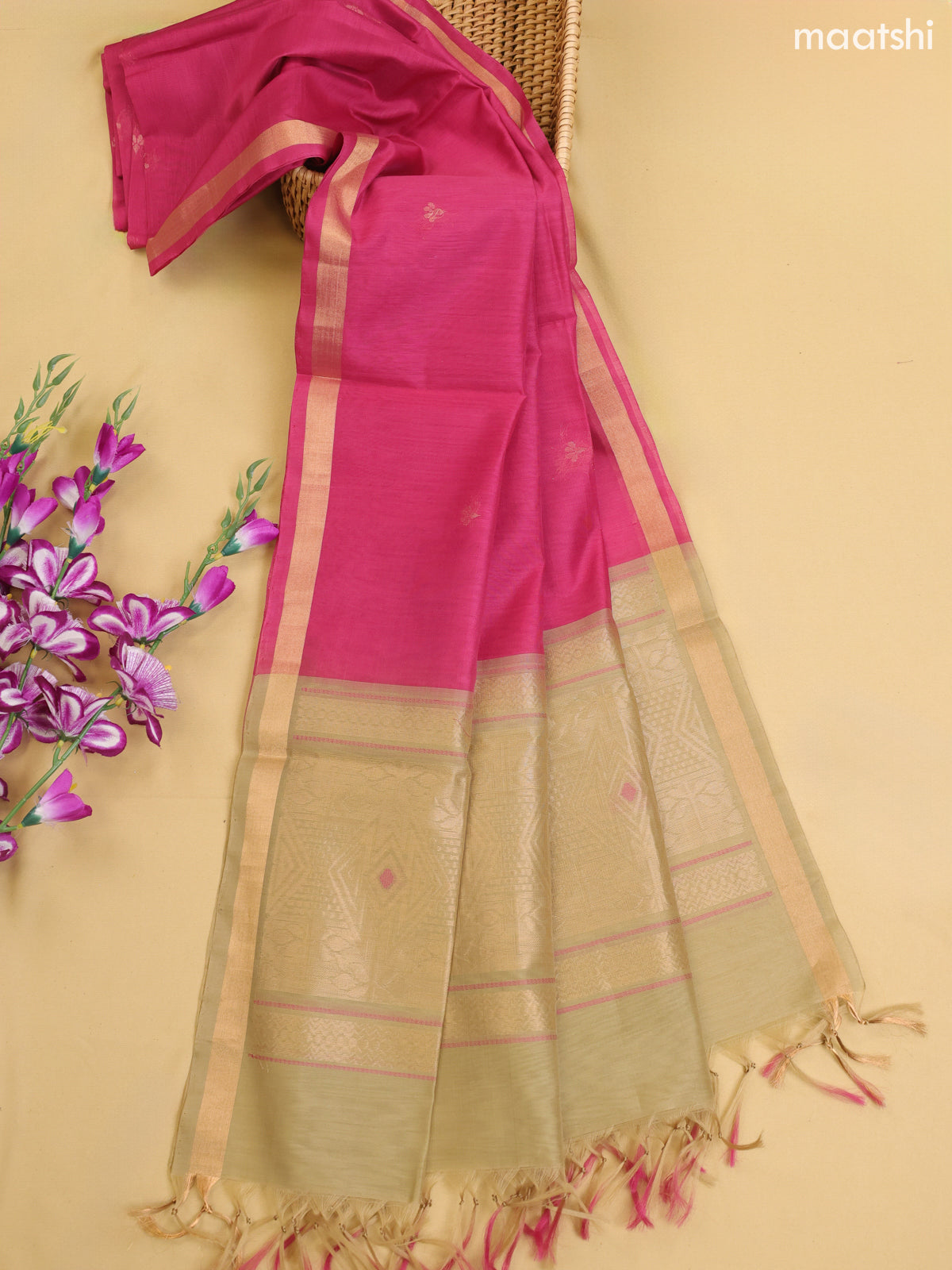 Elaichi Green and Pink Kora Silk Cotton Dress Material With Zari Buttas