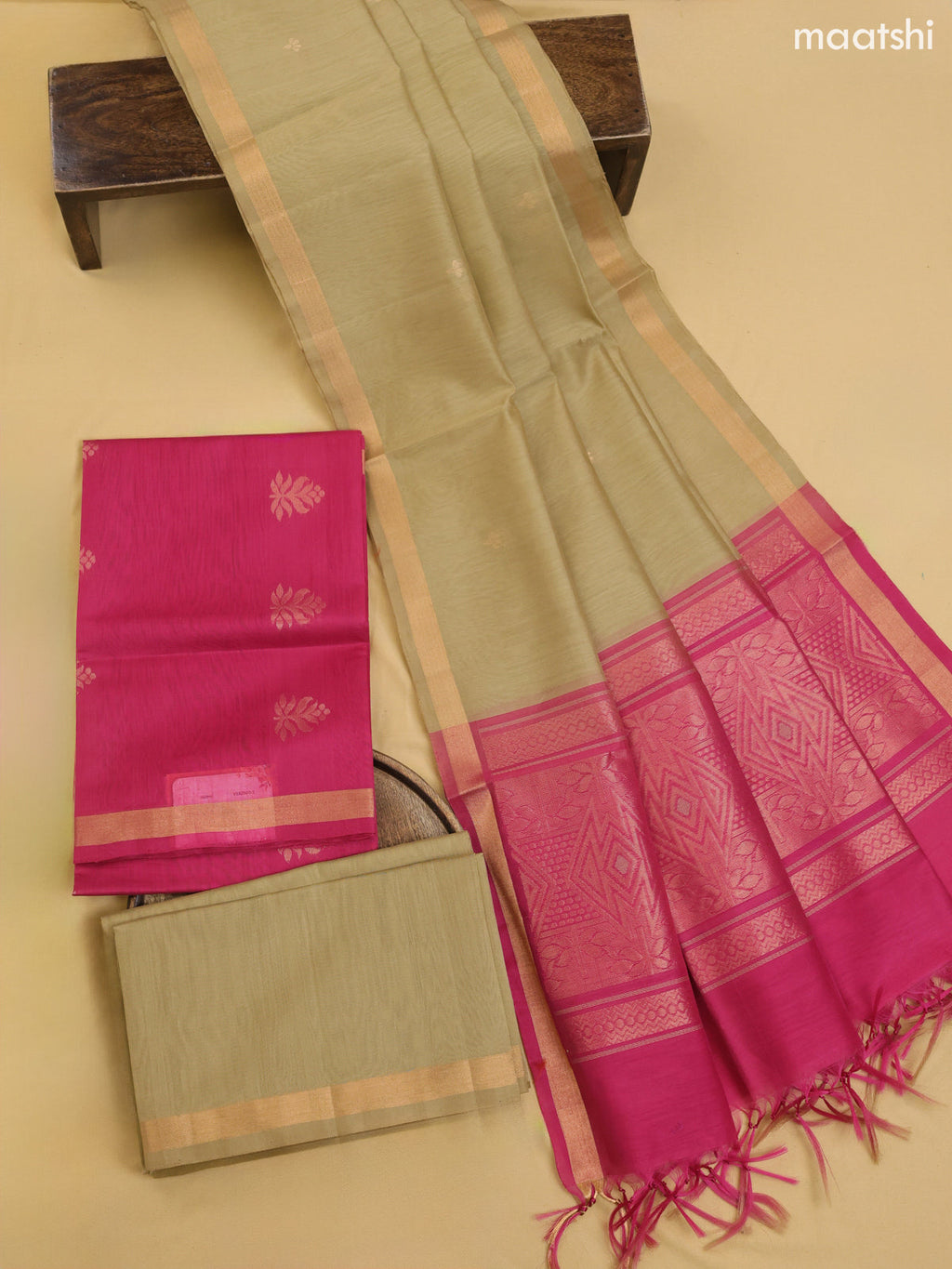 Pink and Elaichi Green Kora Silk Cotton Dress Material With Zari Buttas