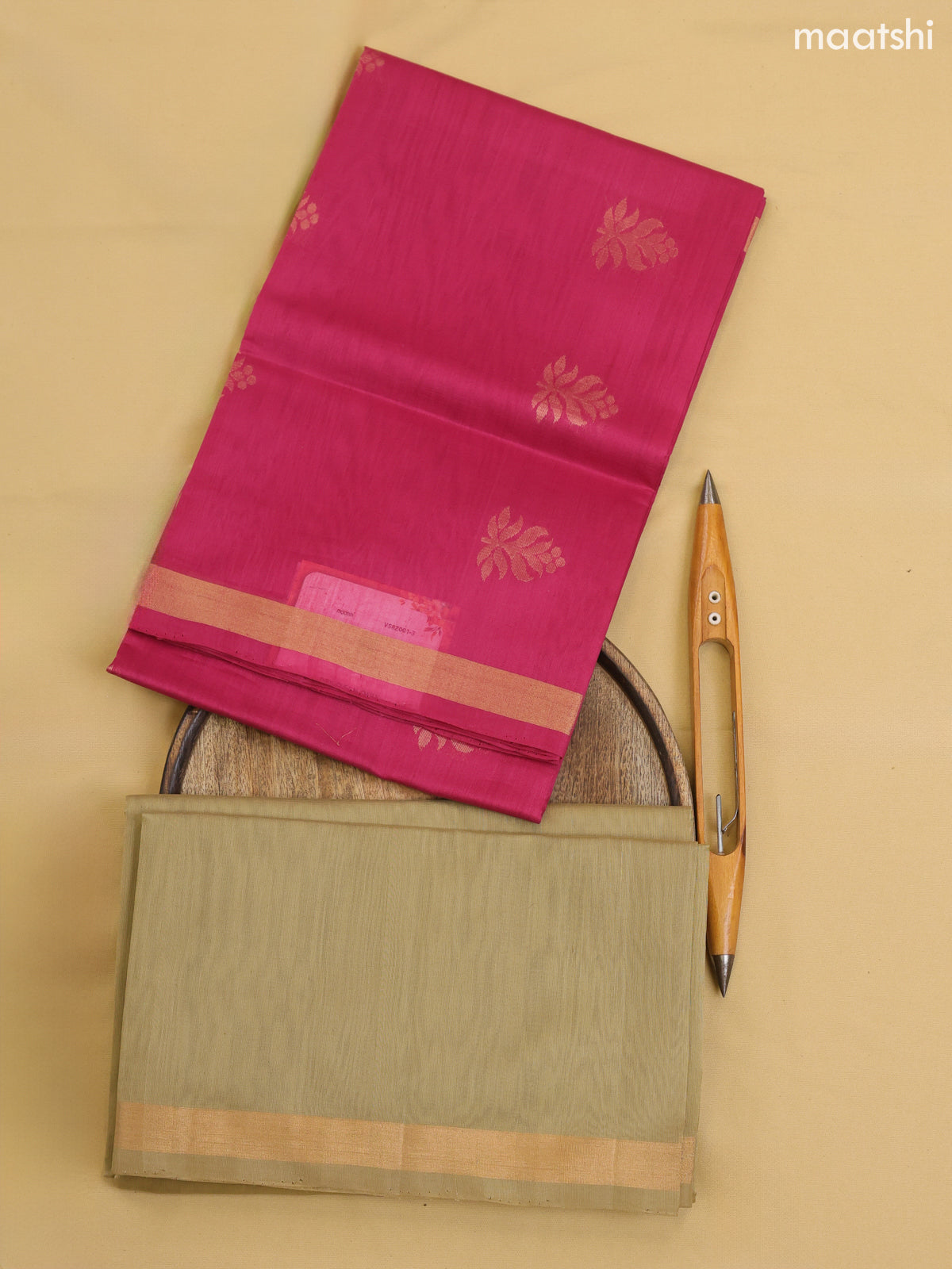 Pink and Elaichi Green Kora Silk Cotton Dress Material With Zari Buttas