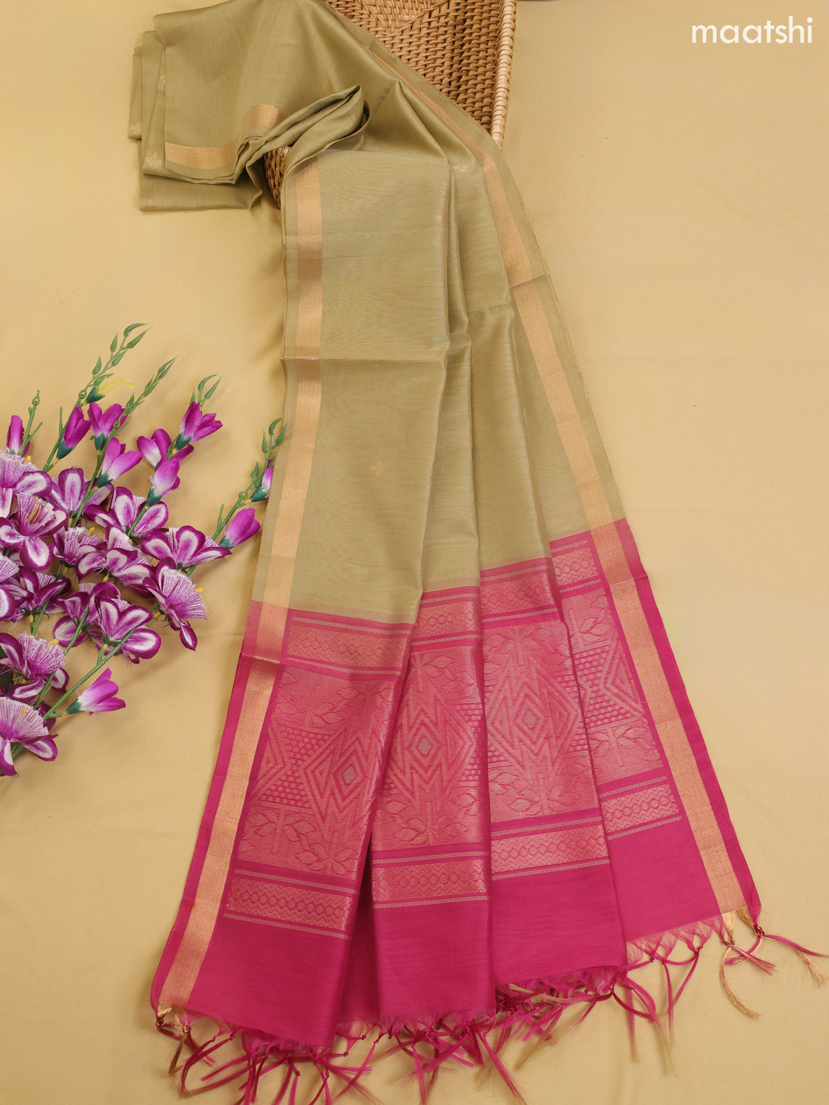 Pink and Elaichi Green Kora Silk Cotton Dress Material With Zari Buttas