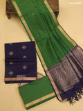 Navy Blue and Green Kora Silk Cotton Dress Material With Zari Buttas