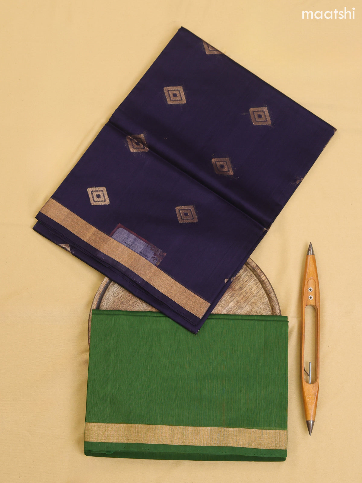 Navy Blue and Green Kora Silk Cotton Dress Material With Zari Buttas