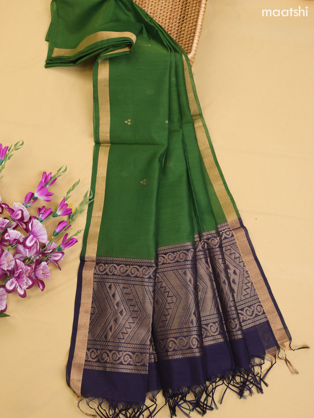 Navy Blue and Green Kora Silk Cotton Dress Material With Zari Buttas