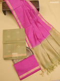 Elaichi Green and Pink Kora Silk Cotton Dress Material With Zari Buttas