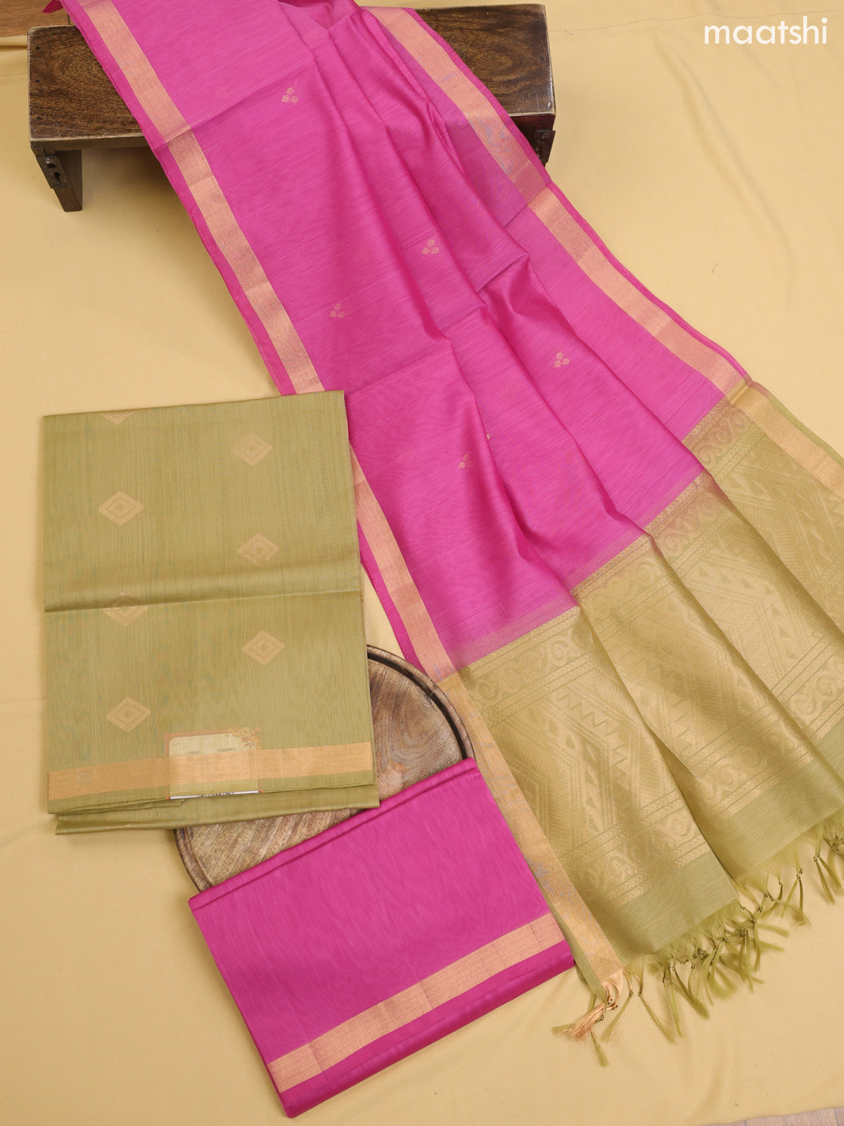 Elaichi Green and Pink Kora Silk Cotton Dress Material With Zari Buttas