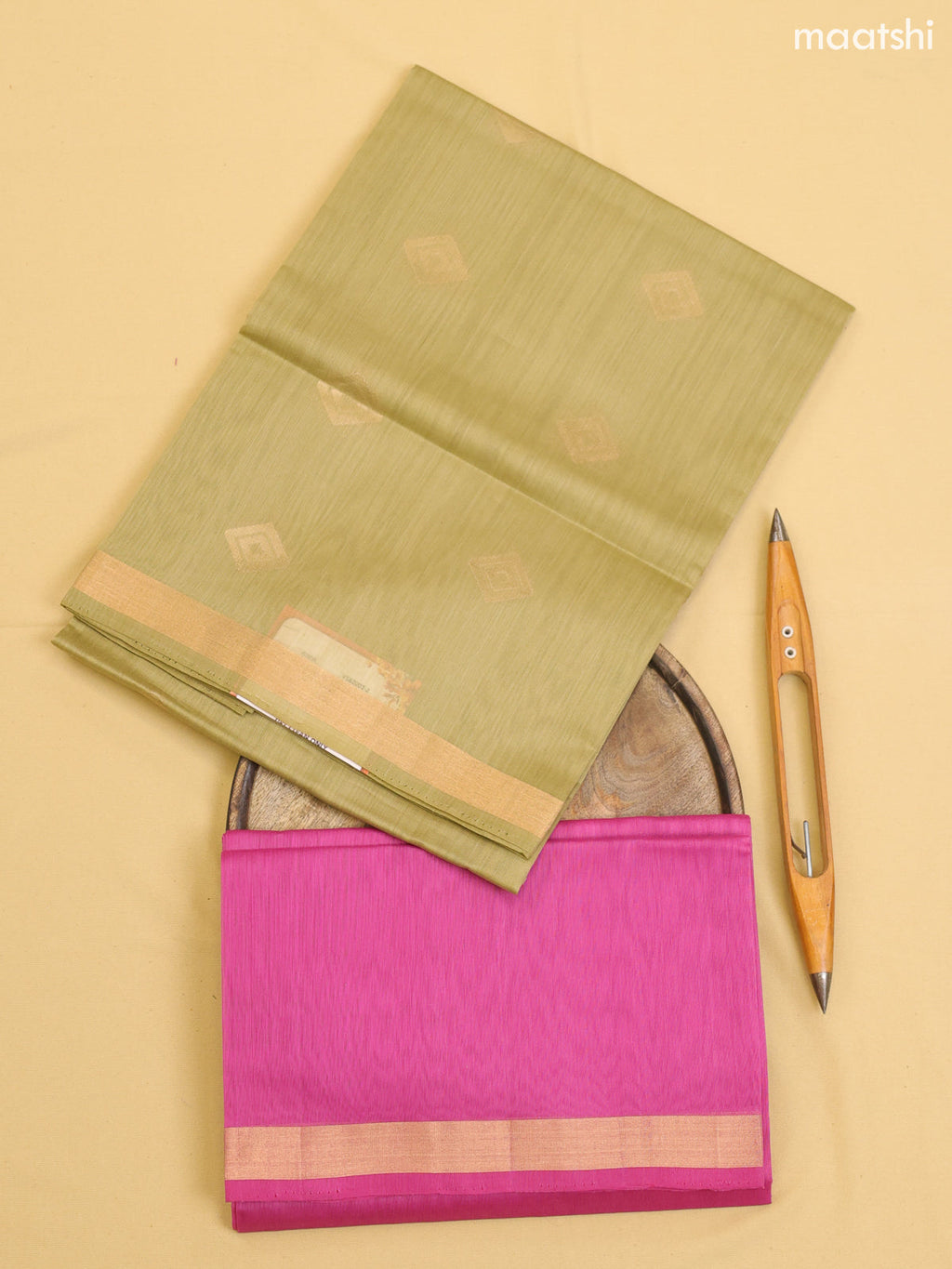 Elaichi Green and Pink Kora Silk Cotton Dress Material With Zari Buttas