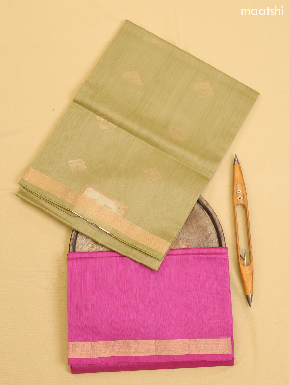 Elaichi Green and Pink Kora Silk Cotton Dress Material With Zari Buttas