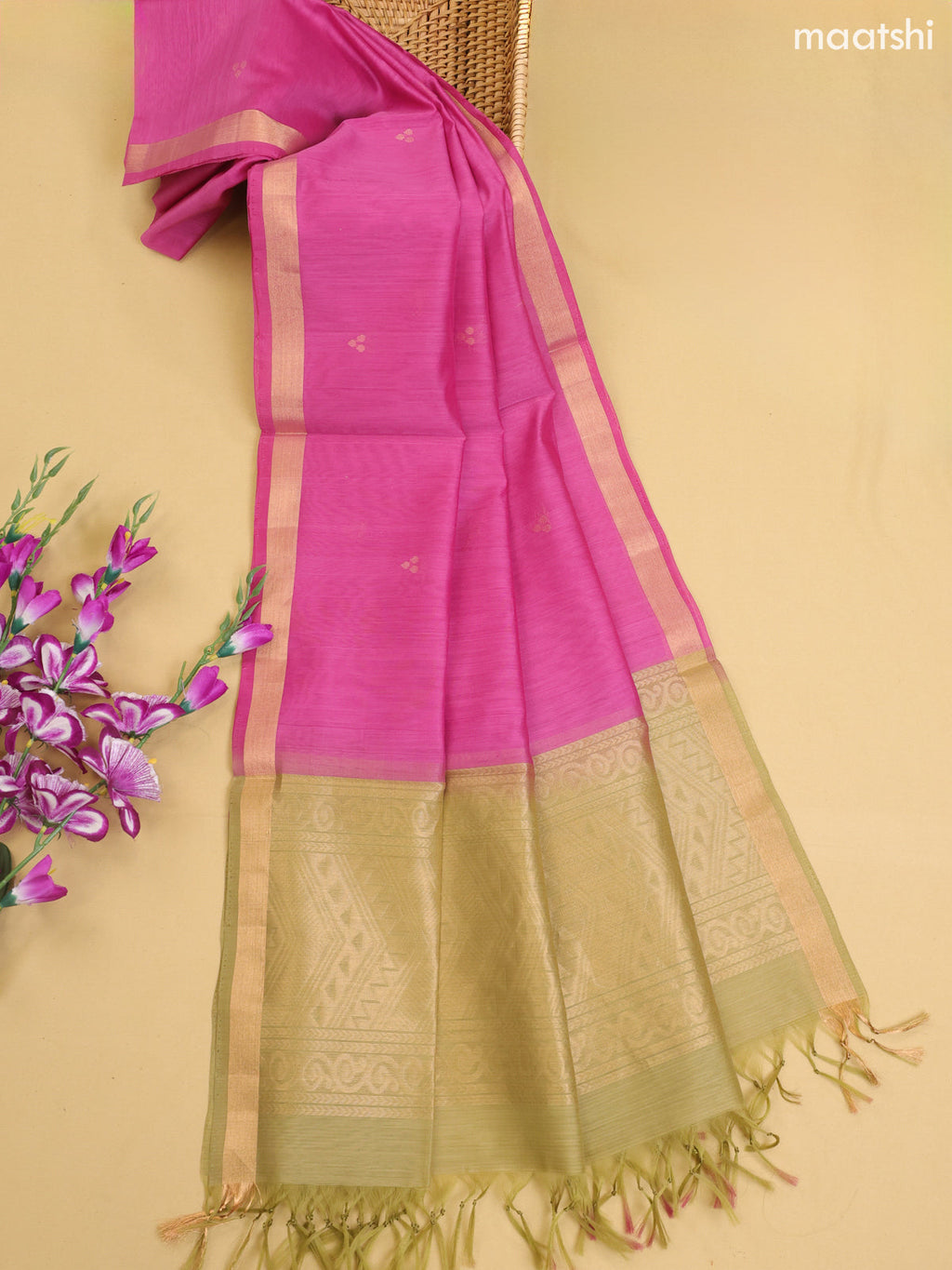 Elaichi Green and Pink Kora Silk Cotton Dress Material With Zari Buttas