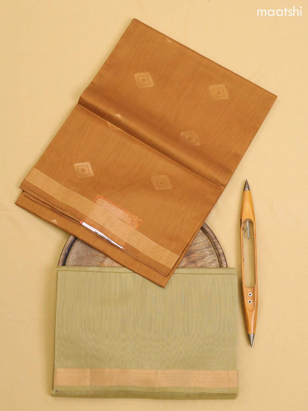 Dark Sandal and Elaichi Green Kora Silk Cotton Dress Material With Zari Buttas