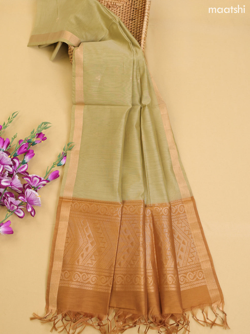 Dark Sandal and Elaichi Green Kora Silk Cotton Dress Material With Zari Buttas