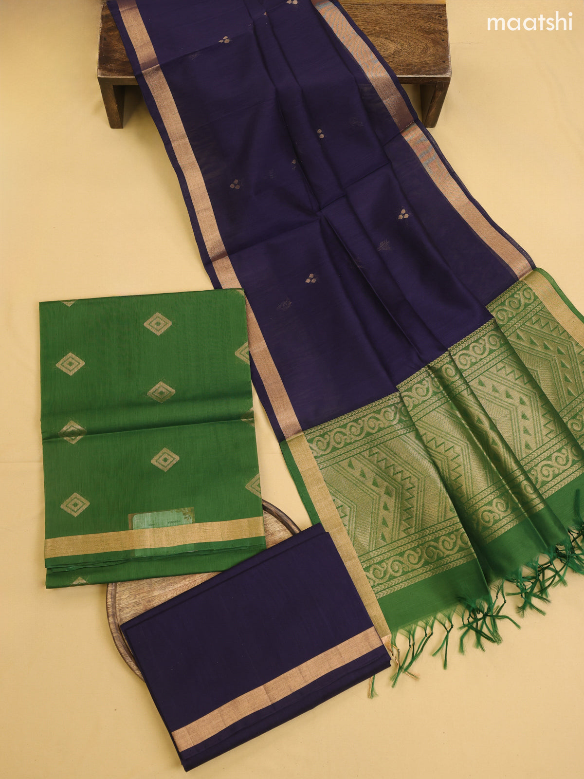 Green and Navy Blue Kora Silk Cotton Dress Material With Zari Buttas