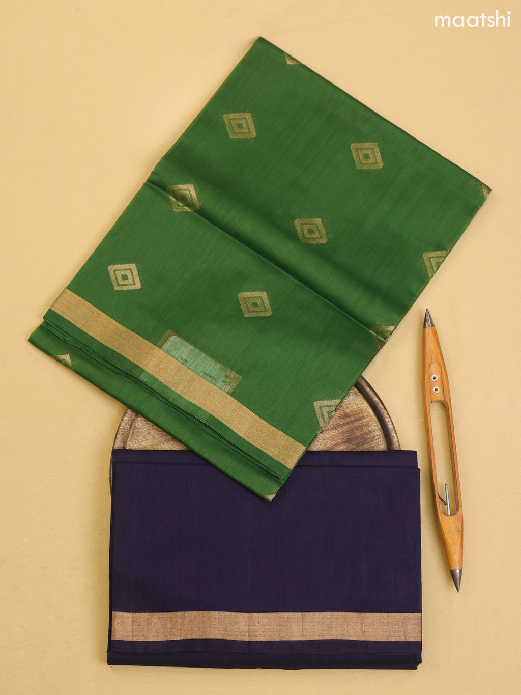 Green and Navy Blue Kora Silk Cotton Dress Material With Zari Buttas