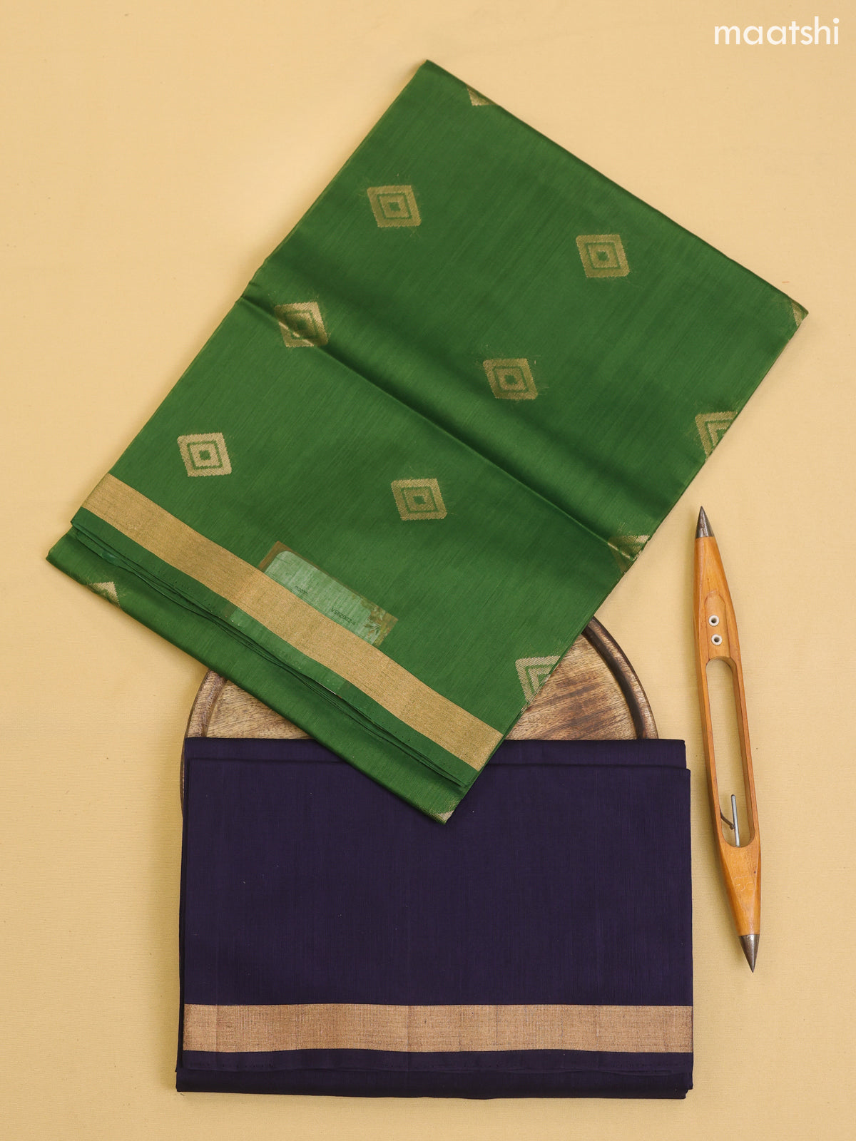 Green and Navy Blue Kora Silk Cotton Dress Material With Zari Buttas