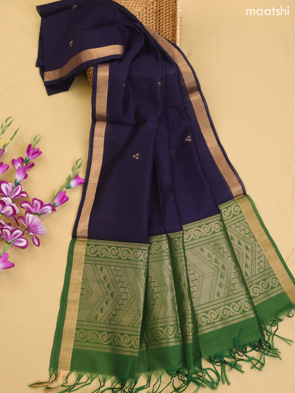 Green and Navy Blue Kora Silk Cotton Dress Material With Zari Buttas