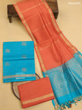 Teal Blue and Rust Kora Silk Cotton Dress Material With Zari Buttas