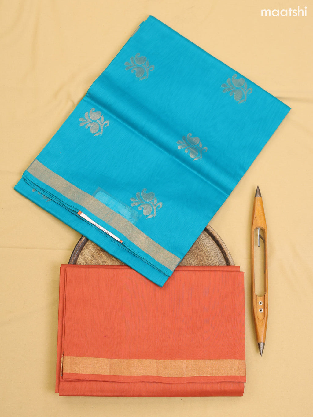 Teal Blue and Rust Kora Silk Cotton Dress Material With Zari Buttas