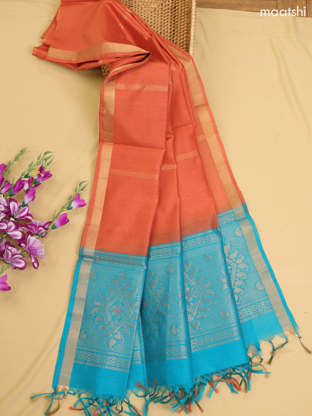 Teal Blue and Rust Kora Silk Cotton Dress Material With Zari Buttas