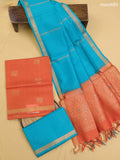 Rust and Teal Blue Kora Silk Cotton Dress Material With Zari Buttas