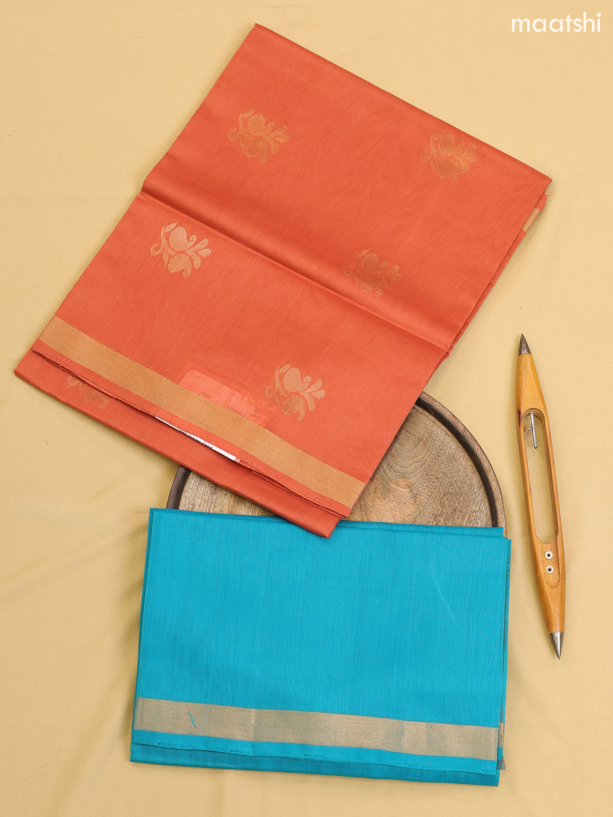 Rust and Teal Blue Kora Silk Cotton Dress Material With Zari Buttas