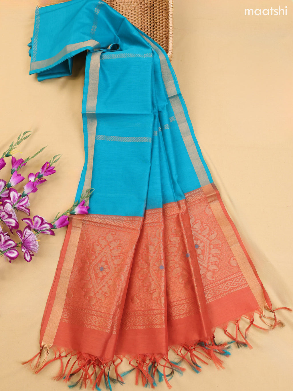 Rust and Teal Blue Kora Silk Cotton Dress Material With Zari Buttas