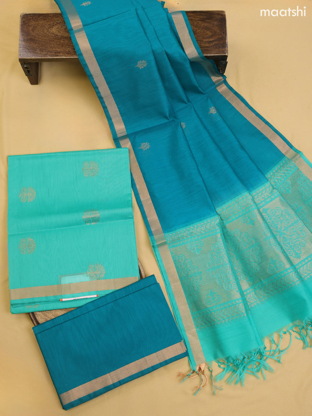 Teal Shade and Teal Blue Kora Silk Cotton Dress Material With Zari Buttas