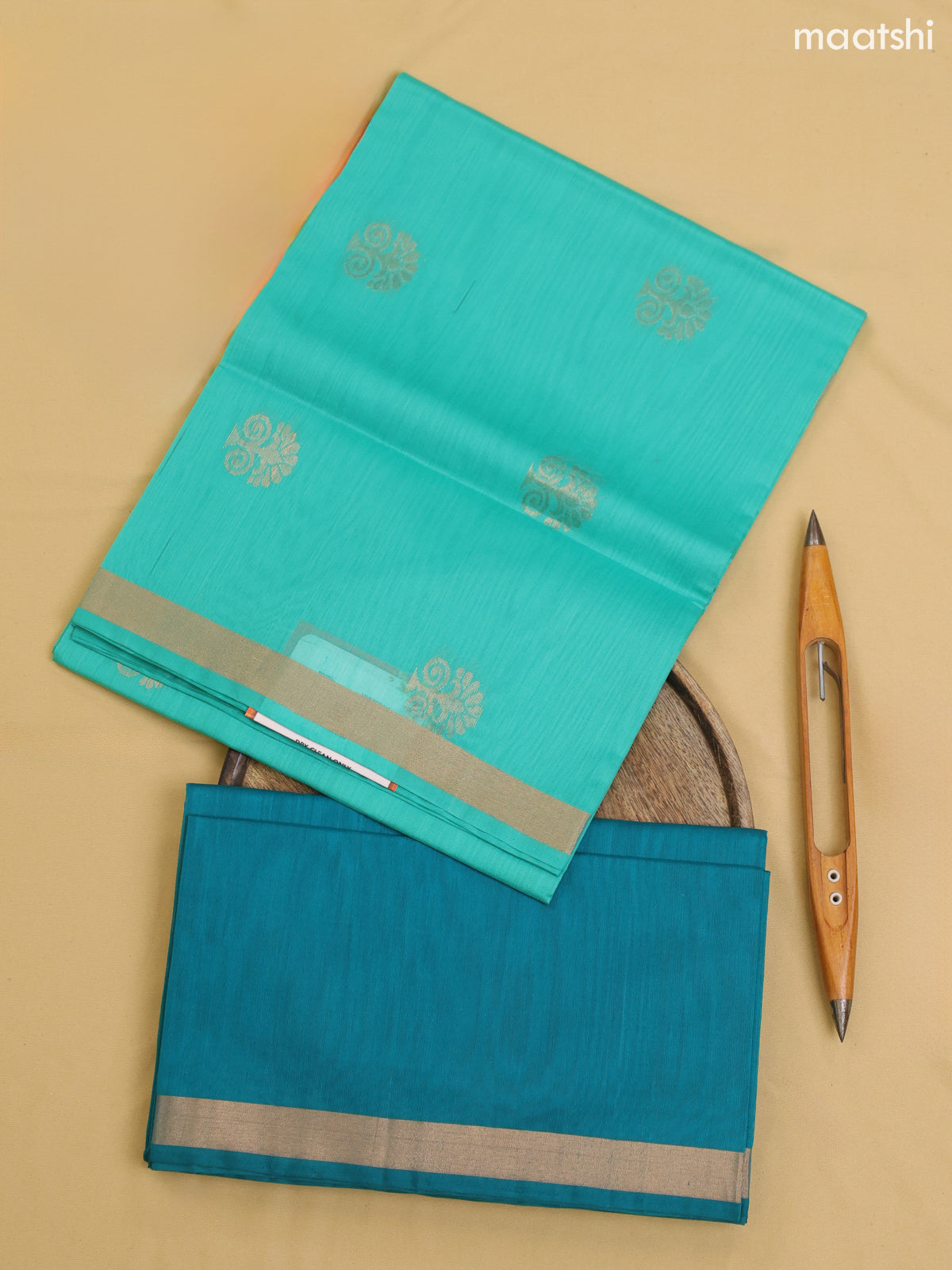 Teal Shade and Teal Blue Kora Silk Cotton Dress Material With Zari Buttas