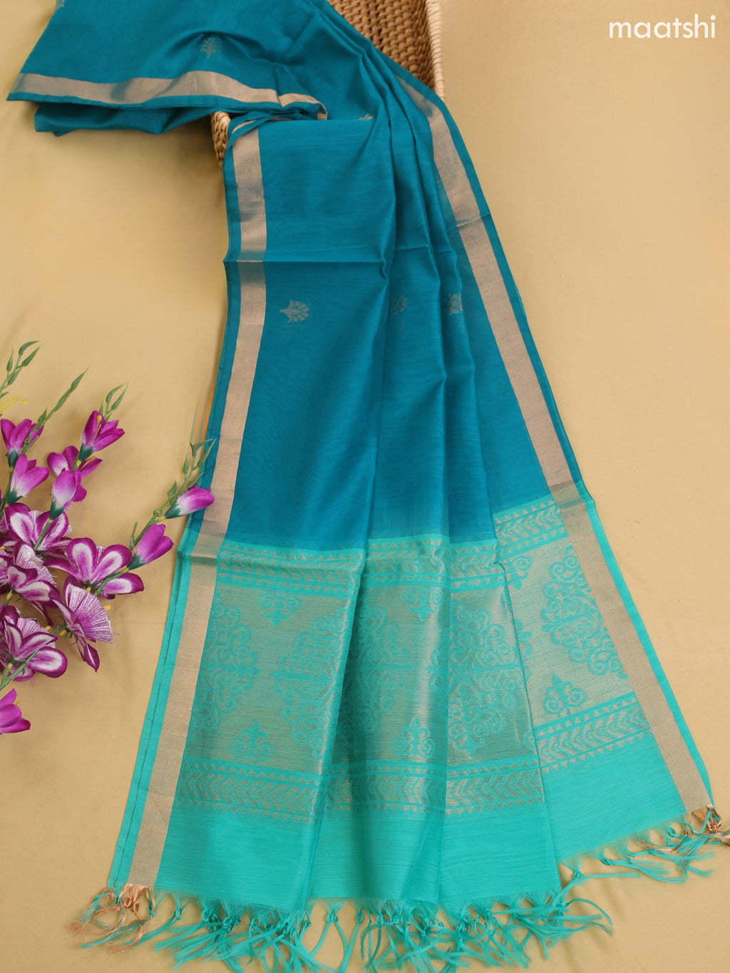 Teal Shade and Teal Blue Kora Silk Cotton Dress Material With Zari Buttas