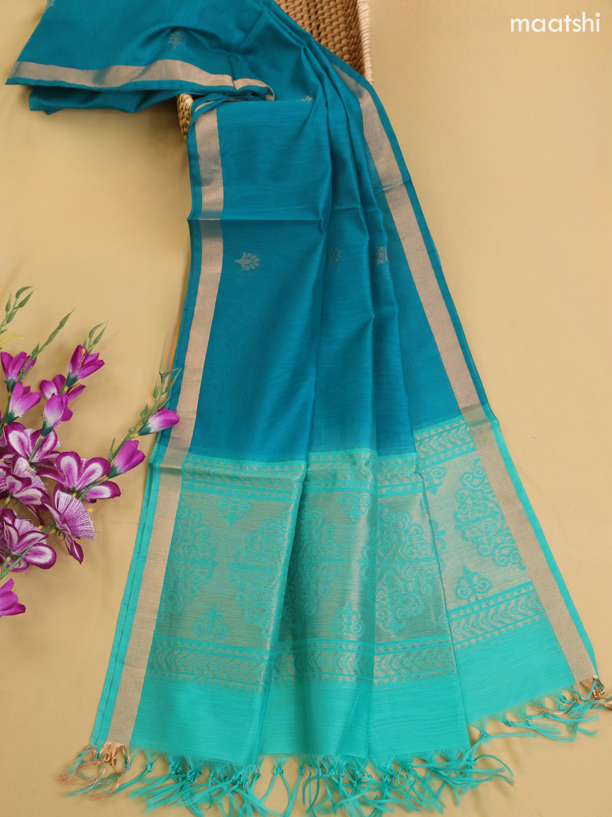 Teal Shade and Teal Blue Kora Silk Cotton Dress Material With Zari Buttas