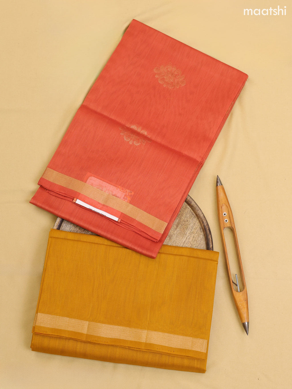 Rust and Mustard Kora Silk Cotton Dress Material With Zari Buttas