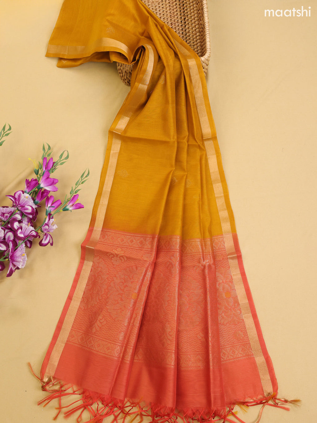 Rust and Mustard Kora Silk Cotton Dress Material With Zari Buttas
