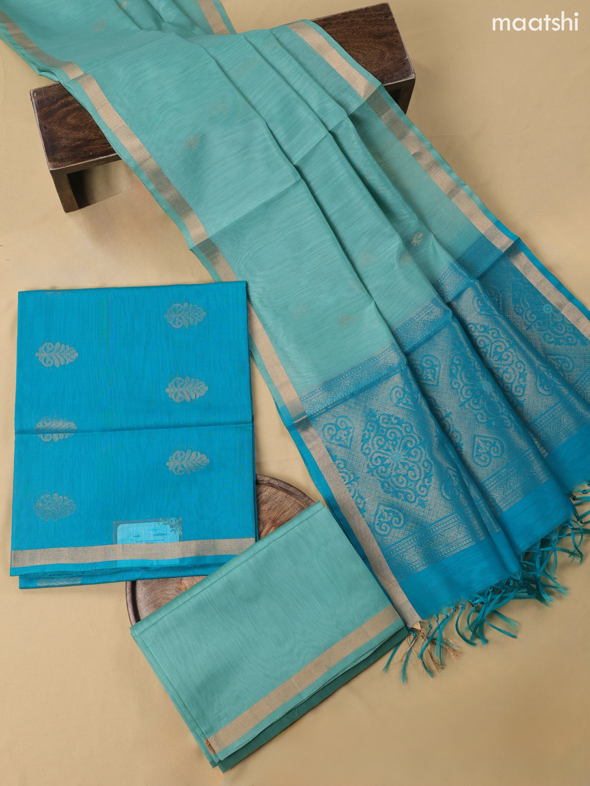 Teal Blue and Teal Shade Kora Silk Cotton Dress Material With Zari Buttas