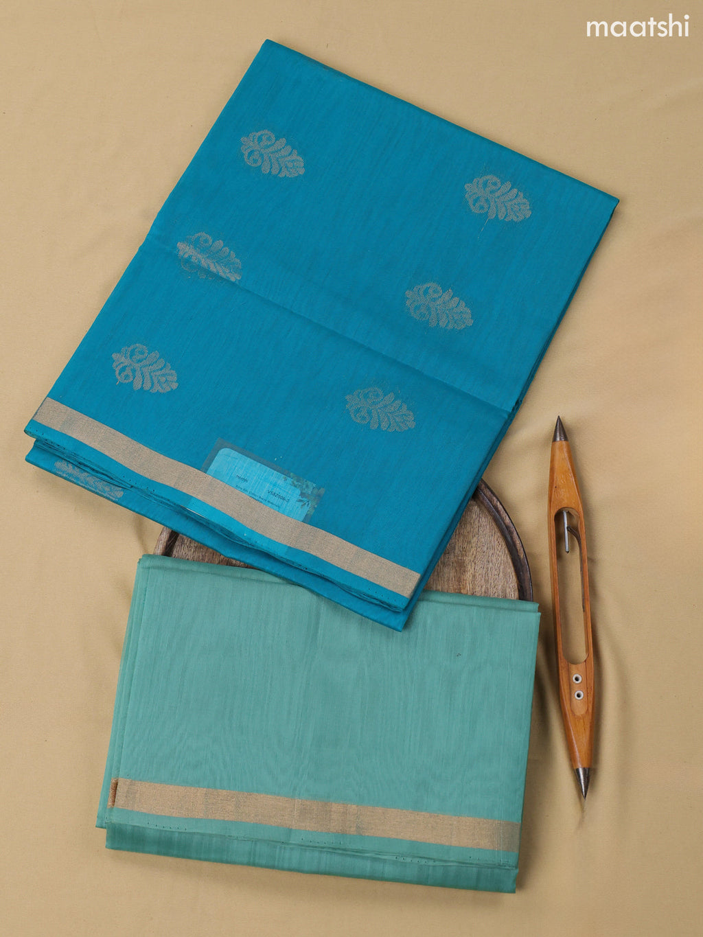 Teal Blue and Teal Shade Kora Silk Cotton Dress Material With Zari Buttas