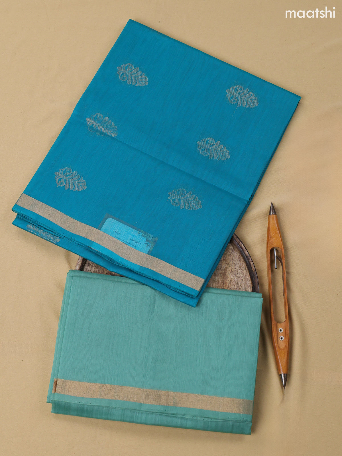 Teal Blue and Teal Shade Kora Silk Cotton Dress Material With Zari Buttas
