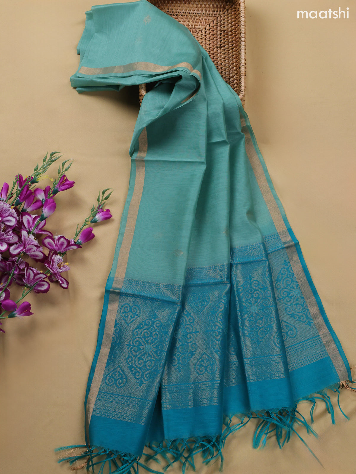 Teal Blue and Teal Shade Kora Silk Cotton Dress Material With Zari Buttas