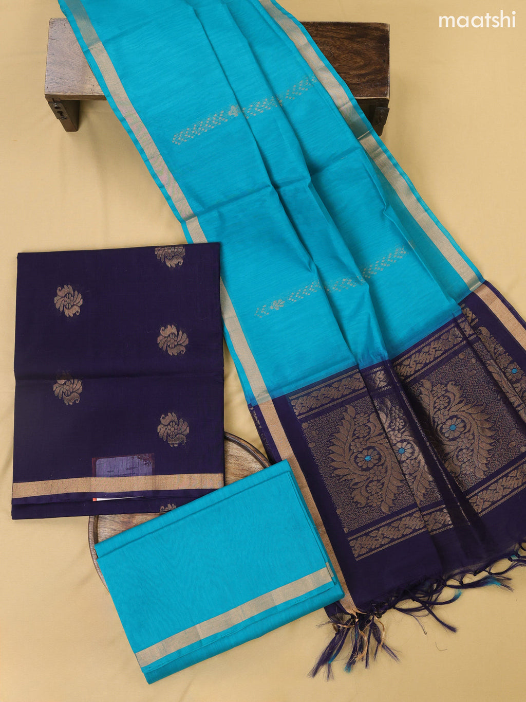 Navy Blue and Teal Blue Kora Silk Cotton Dress Material With Zari Buttas