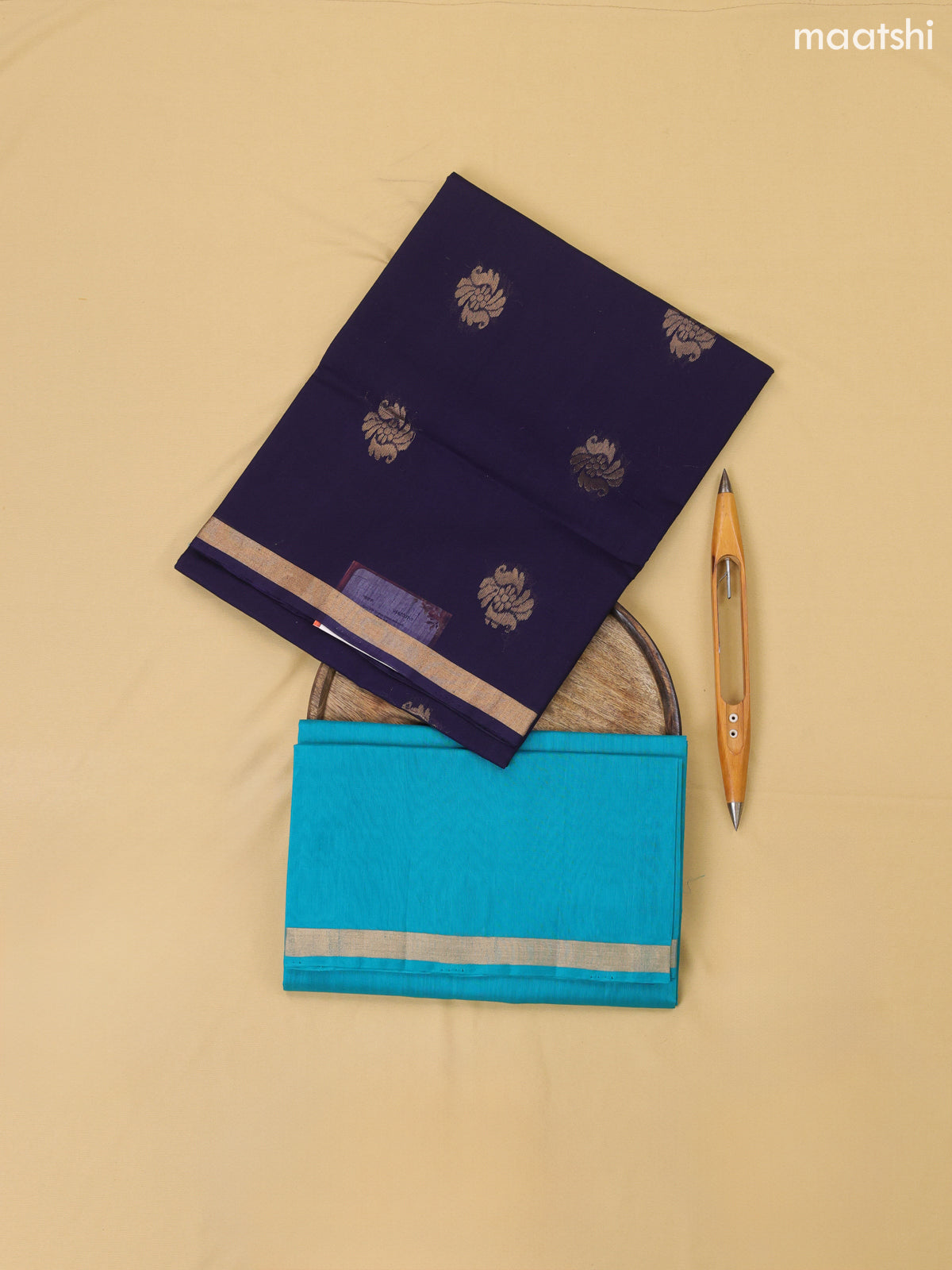 Navy Blue and Teal Blue Kora Silk Cotton Dress Material With Zari Buttas