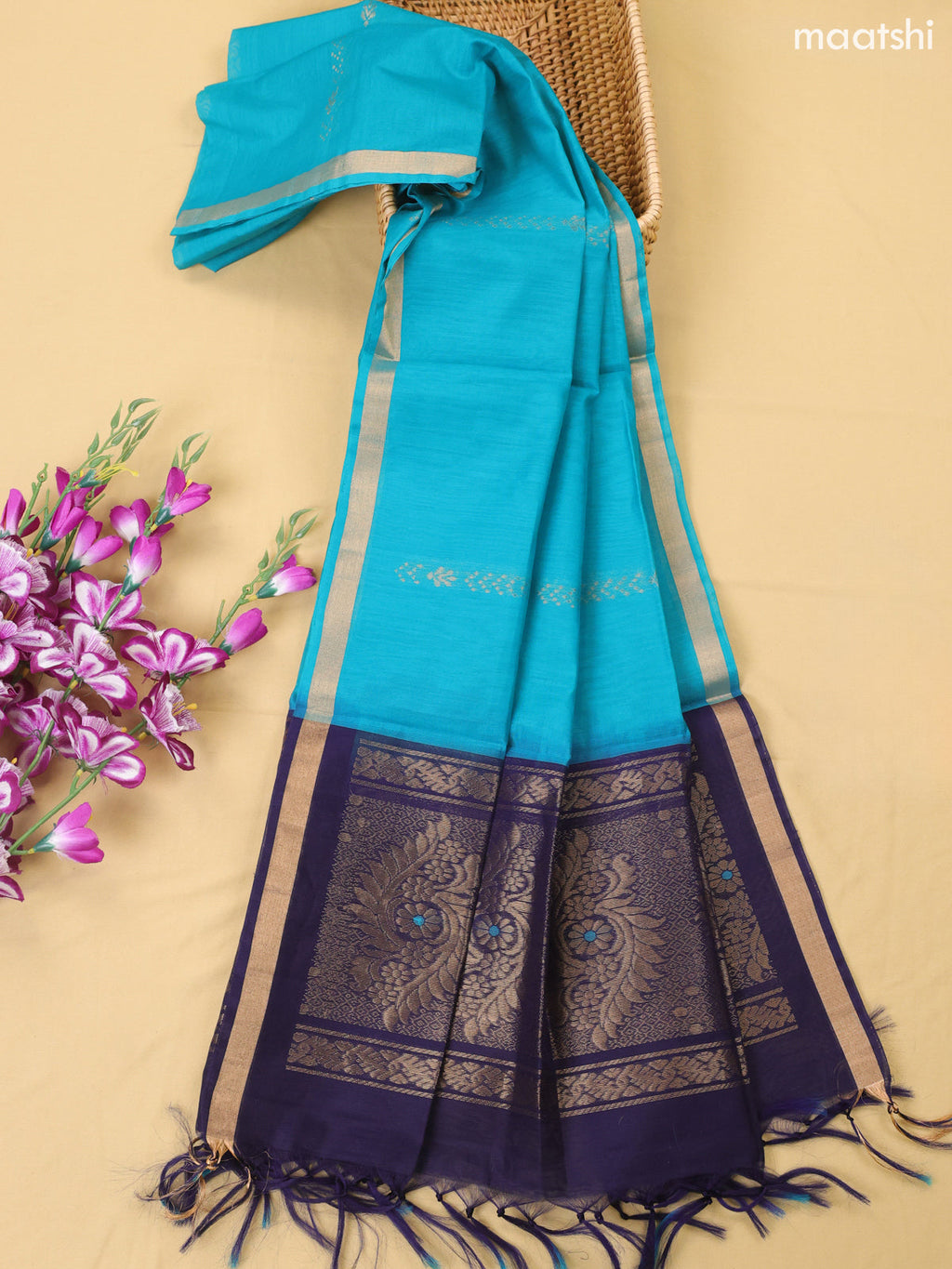 Navy Blue and Teal Blue Kora Silk Cotton Dress Material With Zari Buttas