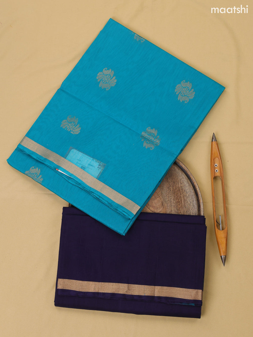 Teal Blue and Navy Blue Kora Silk Cotton Dress Material With Zari Buttas