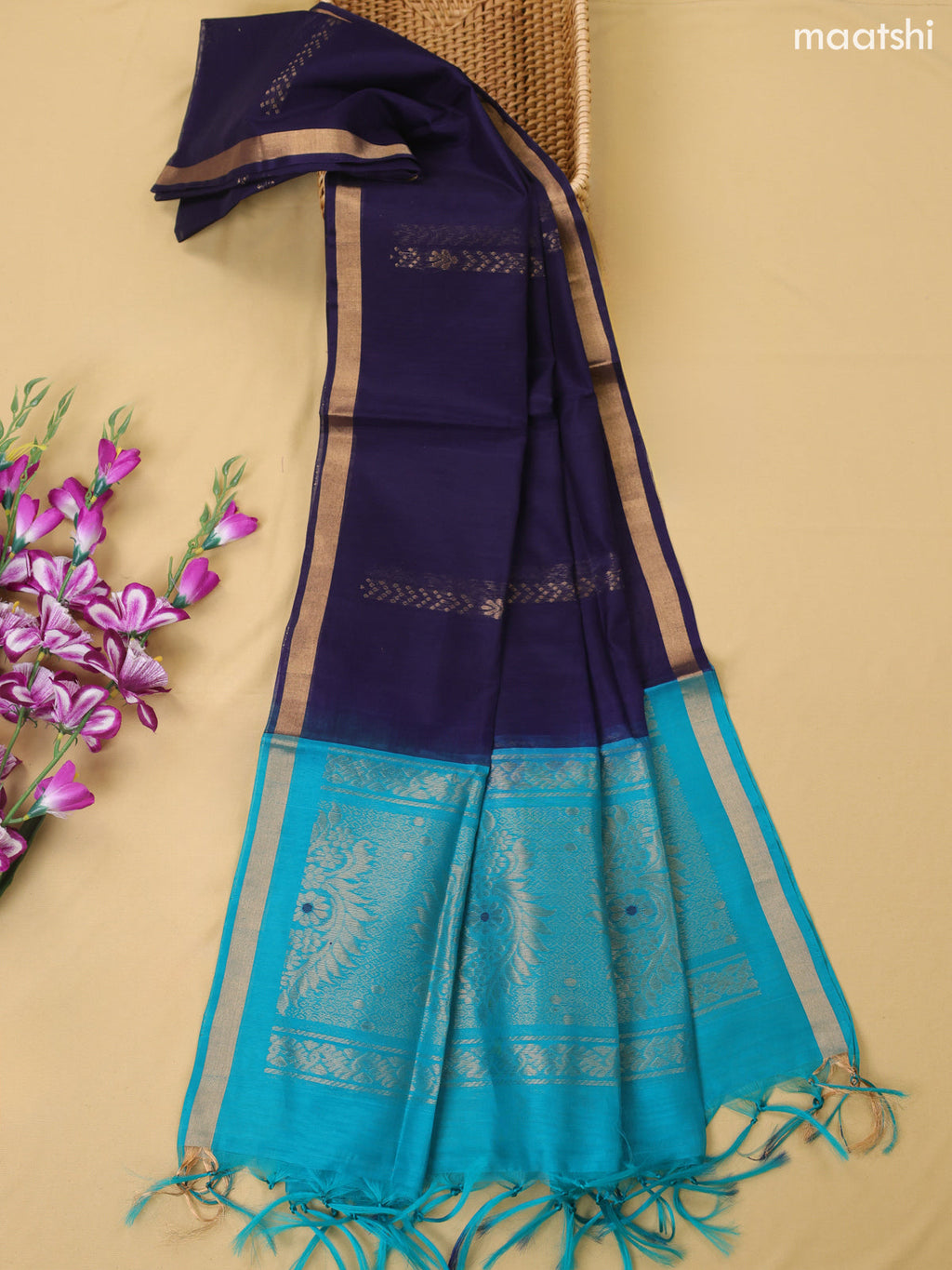Teal Blue and Navy Blue Kora Silk Cotton Dress Material With Zari Buttas