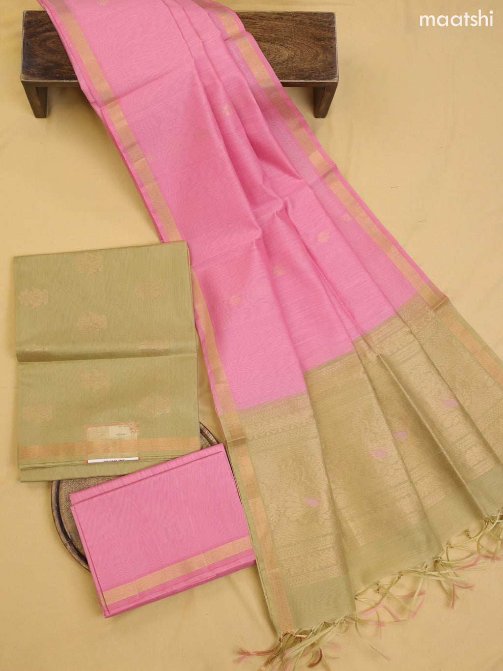 Elaichi Green and Lotus Pink Kora Silk Cotton Dress Material With Zari Buttas