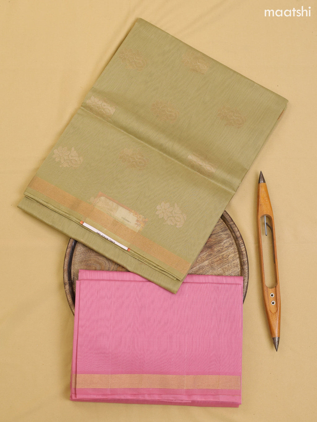 Elaichi Green and Lotus Pink Kora Silk Cotton Dress Material With Zari Buttas