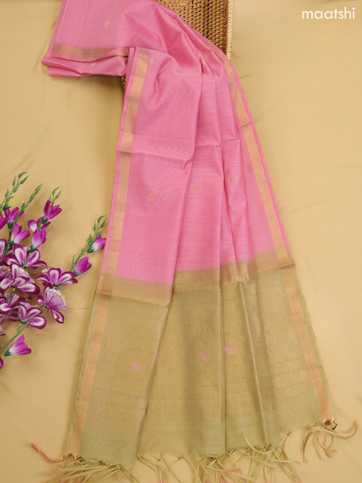 Elaichi Green and Lotus Pink Kora Silk Cotton Dress Material With Zari Buttas