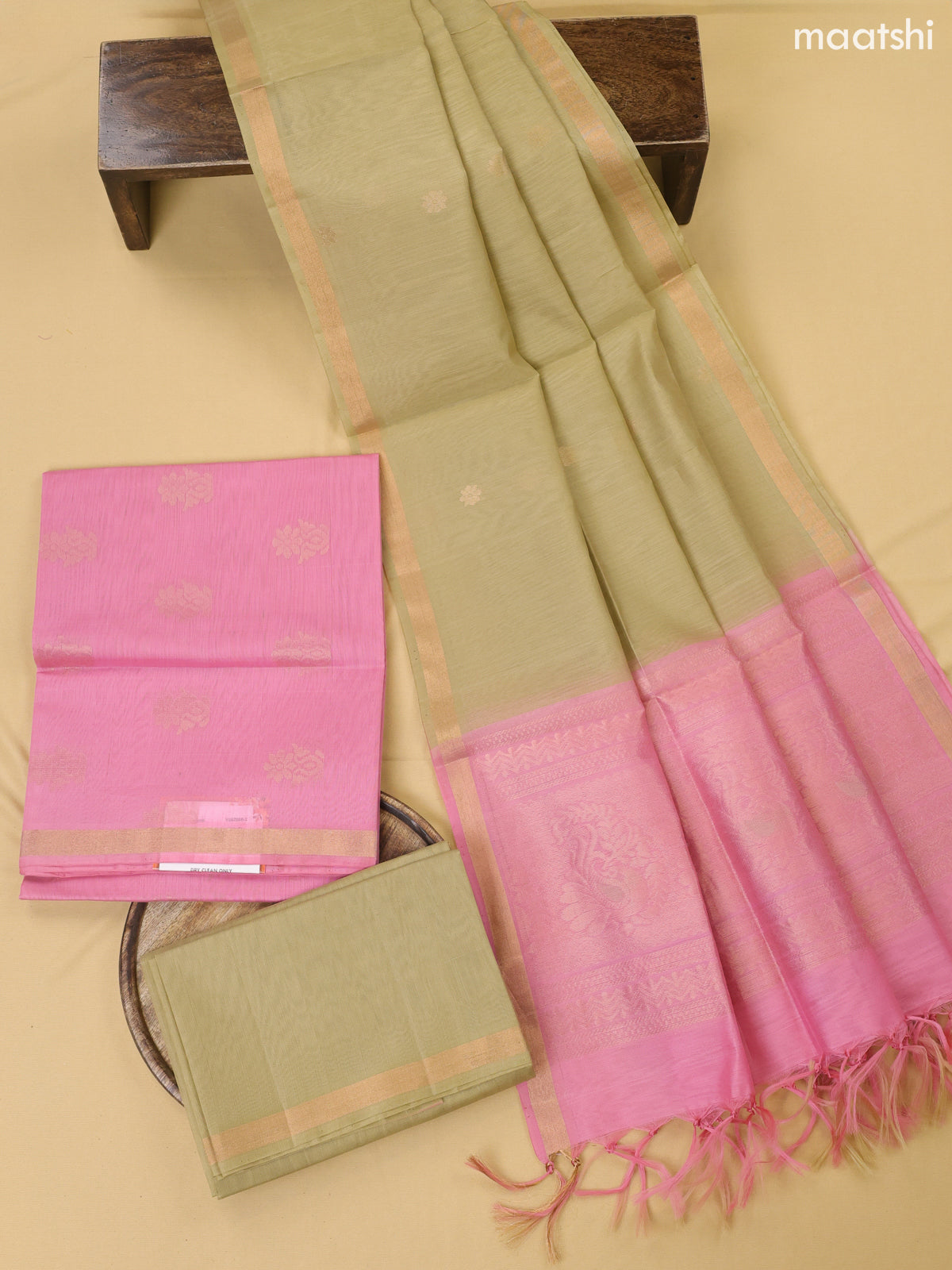 Lotus Pink and Elaichi Green Kora Silk Cotton Dress Material With Zari Buttas