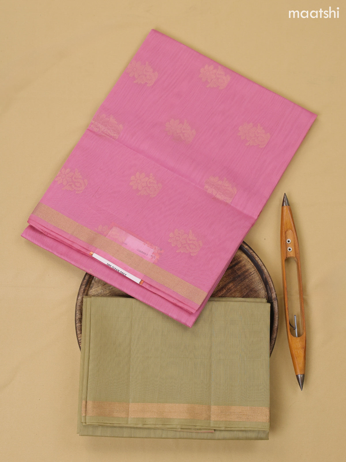 Lotus Pink and Elaichi Green Kora Silk Cotton Dress Material With Zari Buttas