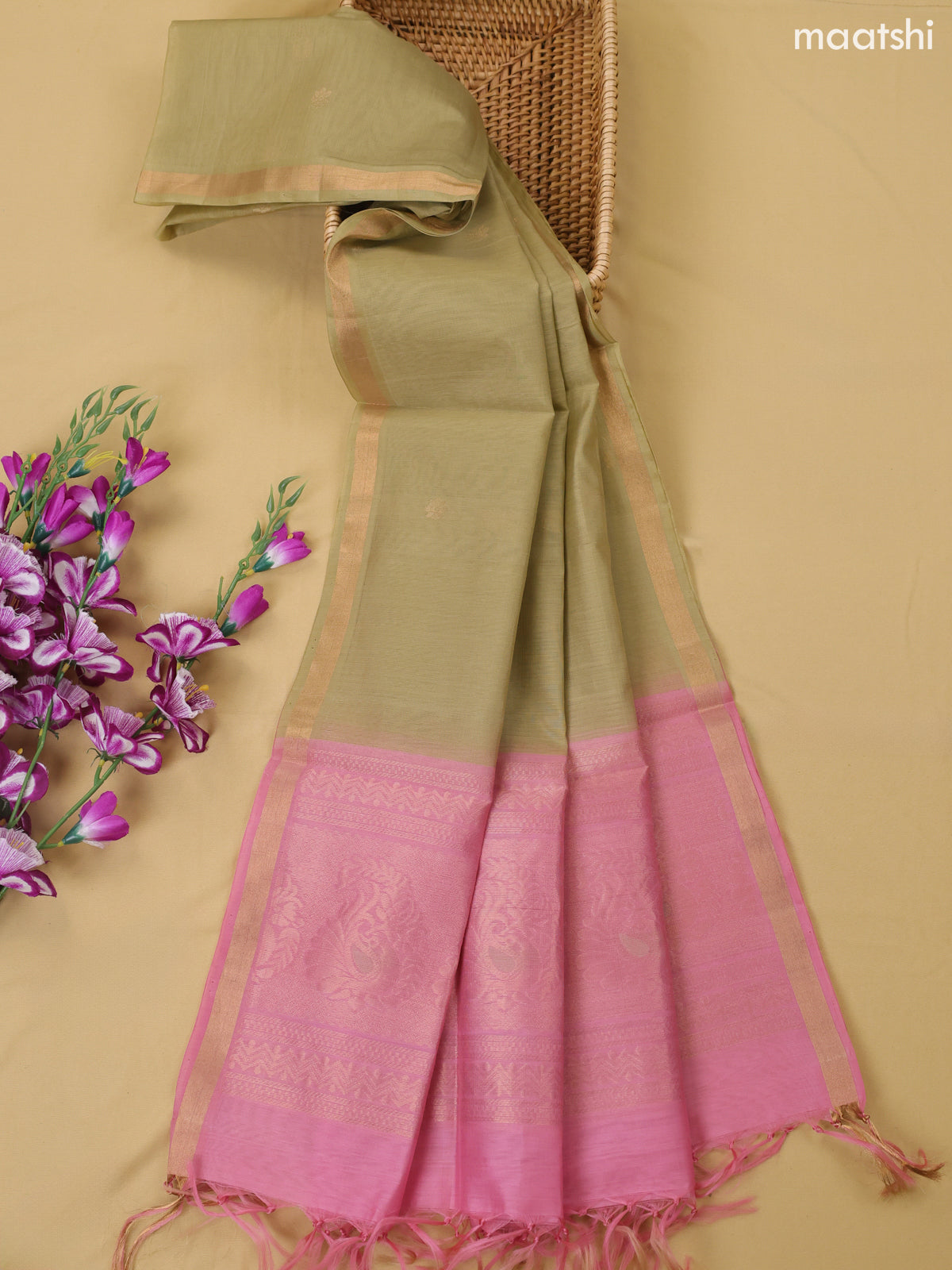 Lotus Pink and Elaichi Green Kora Silk Cotton Dress Material With Zari Buttas