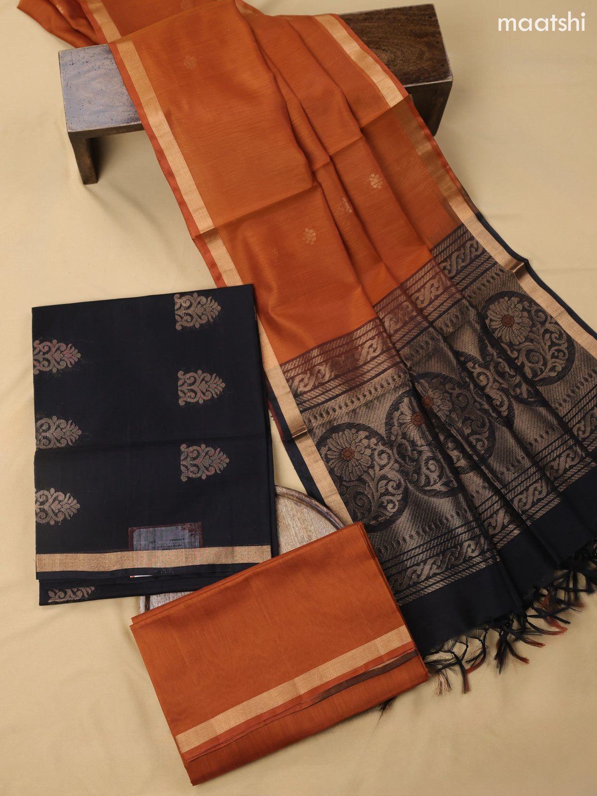 Black and Rust Kora Silk Cotton Dress Material With Zari Buttas