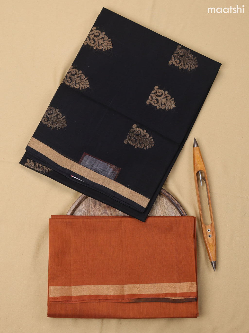 Black and Rust Kora Silk Cotton Dress Material With Zari Buttas